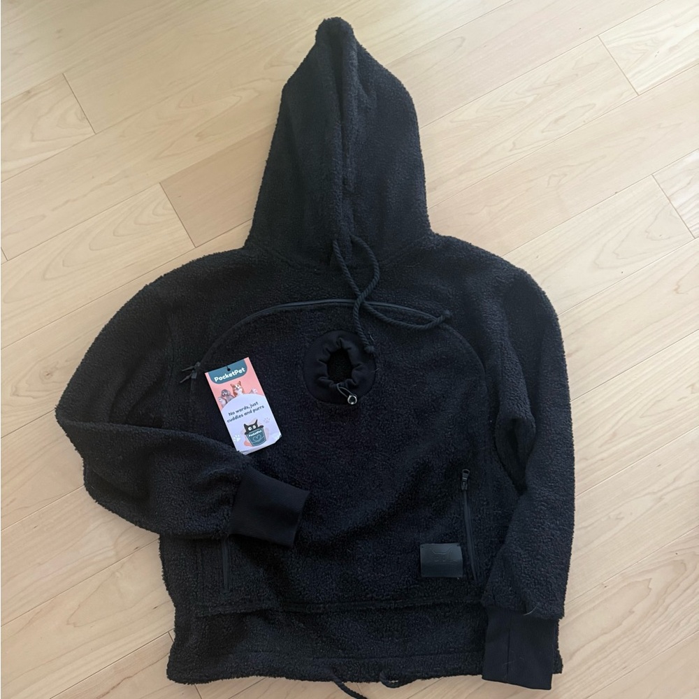Pocket Pet Hoodie - Black Sherpa Size M